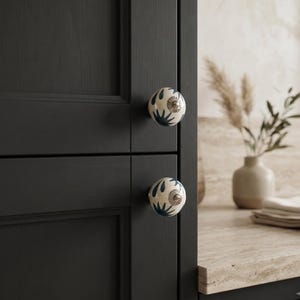 Hand Painted Blue Leaf Ceramic Knob | Boho White Drawer Pull | Farmhouse Kitchen Handle