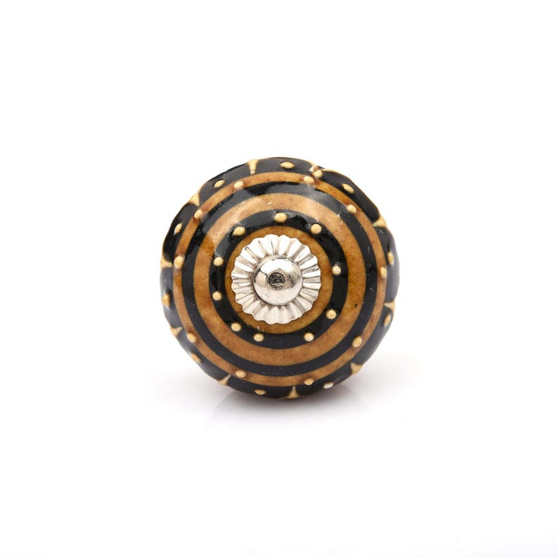 Hand Painted Brown Ceramic knobs, Ceramic Drawer Pulls, Black Striped Round Cabinet Knobs, Kitchen Cabinet Door Handles, Cupboard Knobs