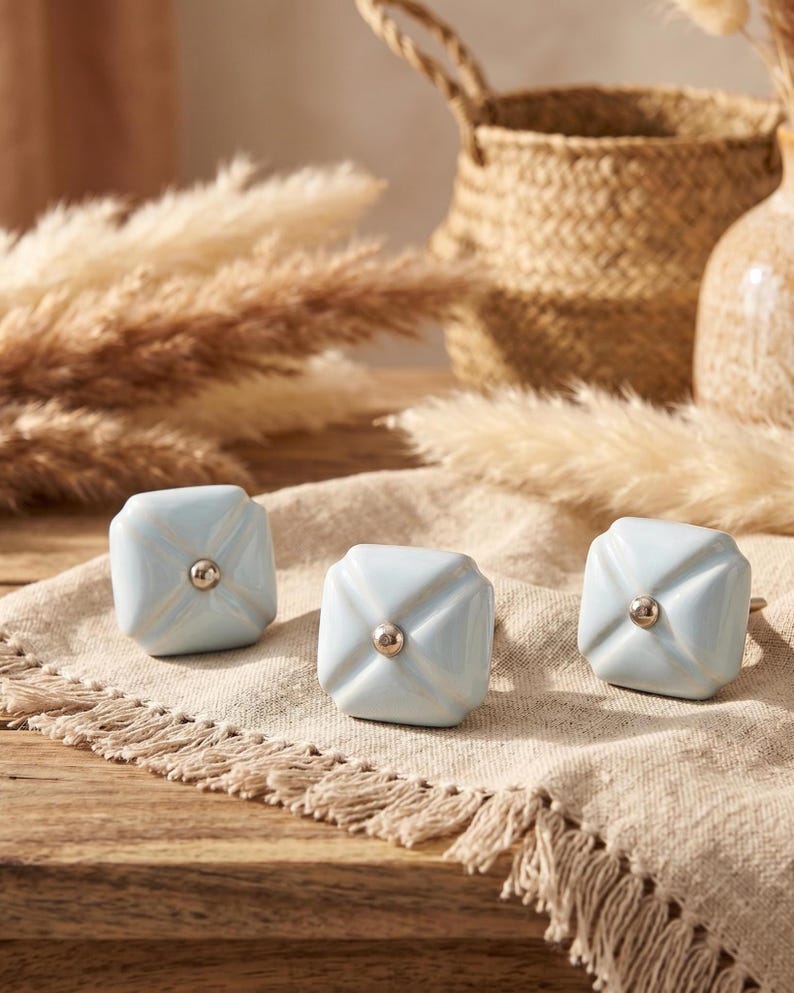 Handcrafted Blue Square Ceramic Knobs – Hand Painted Cabinet Pulls, Vintage Drawer Handles, Kitchen Cupboard Door Hardware