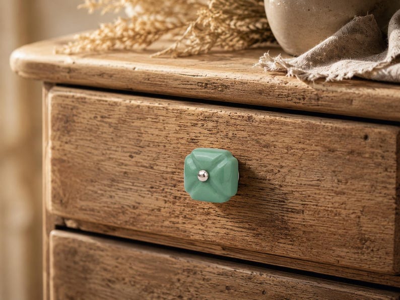 Handcrafted Green Square Ceramic Knobs – Vintage Hand Painted Cabinet Pulls