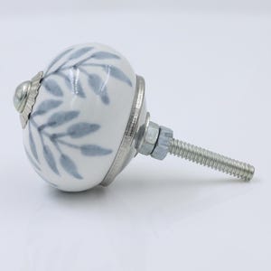 Blue Leaf Ceramic Knob Set of 10, White Cabinet Pulls with Silver Accents, Boho Drawer Handles, Hand Painted Furniture Hardware