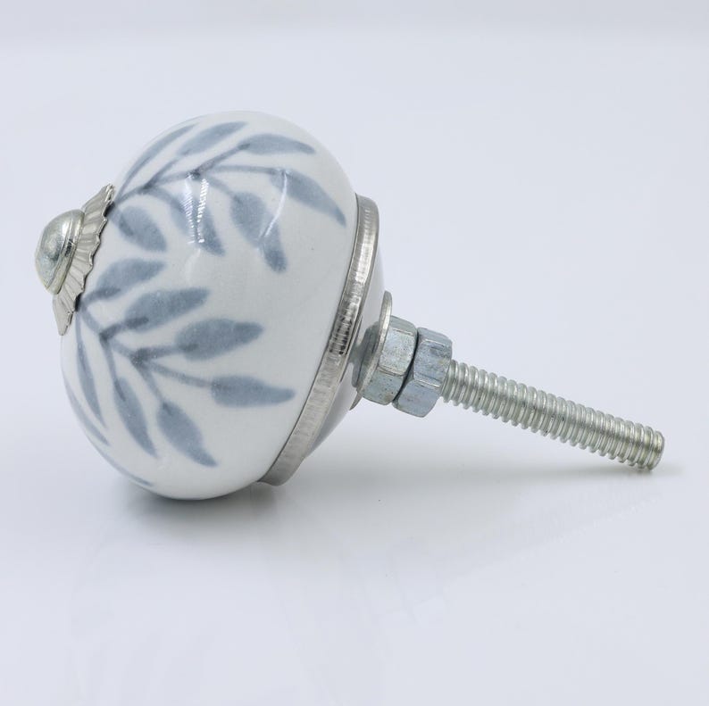 Blue Leaf Ceramic Knob Set of 10, White Cabinet Pulls with Silver Accents, Boho Drawer Handles, Hand Painted Furniture Hardware