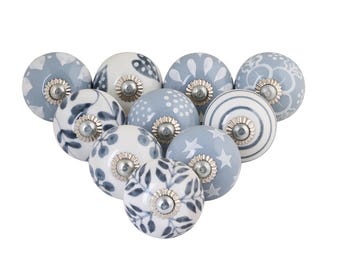 Hand-Painted Ceramic Knobs – Grey White Antique Boho Dresser Pulls, Set of 10