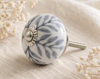 Blue Leaf Ceramic Knob Set of 1 - Boho White Cabinet Pulls with Silver Accents
