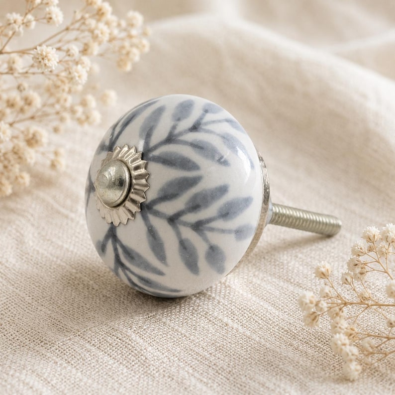Blue Leaf Ceramic Knob Set of 10, White Cabinet Pulls with Silver Accents, Boho Drawer Handles, Hand Painted Furniture Hardware