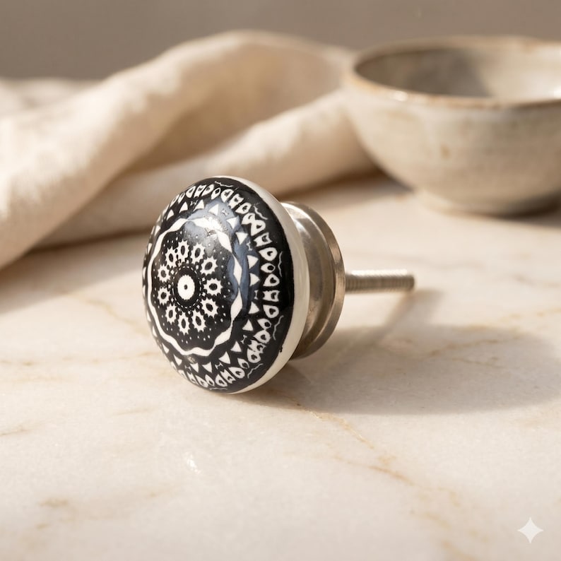 Black, White Ceramic Knobs, Handmade Cabinet Drawer Pulls, Boho Kitchen Cupboard Hardware, Decorative Ceramic Door Knobs