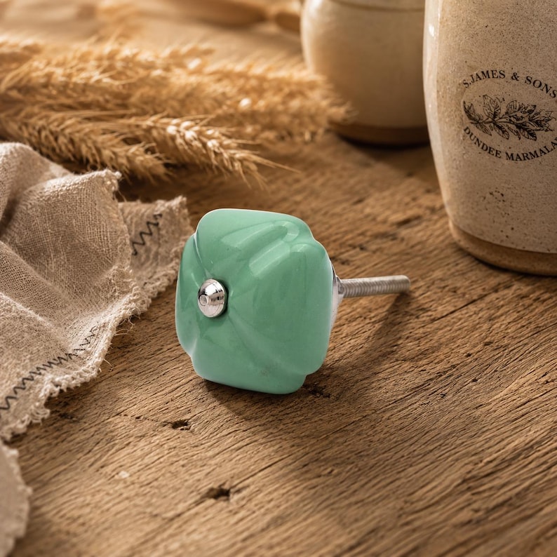 Handcrafted Green Square Ceramic Knobs – Vintage Hand Painted Cabinet Pulls