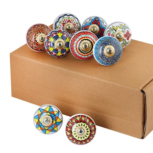 Multicolor Hand-Painted Ceramic Knobs Set of 10 – Boho Dresser & Drawer Pulls, Decorative Cabinet Knobs, Vintage Home Decor Hardware