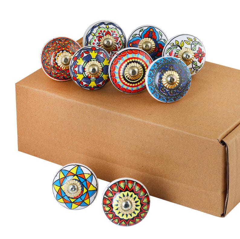 Multicolor Hand-Painted Ceramic Knobs Set of 10 – Boho Dresser & Drawer Pulls, Decorative Cabinet Knobs, Vintage Home Decor Hardware