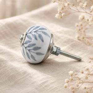 Blue Leaf Ceramic Knob Set of 10, White Cabinet Pulls with Silver Accents, Boho Drawer Handles, Hand Painted Furniture Hardware