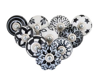 Hand-Painted Ceramic Knobs, Black & White Boho Dresser Pulls, Set of 10