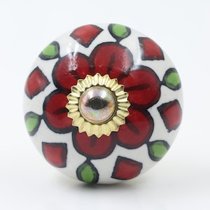 Tirador de cerámica rojo con estampado floral pintado a mano, estilo bohemio, tirador de cajón de estilo vintage.