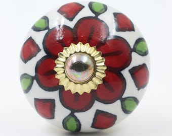 Hand-Painted Red Floral Ceramic Knob, Bohemian Cabinet Pull, Vintage Style Drawer Handle