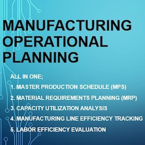 Peut inclure: Un diagramme illustrant les étapes de la planification opérationnelle de la fabrication. Les étapes sont : Plan de la demande, Programme directeur de production (PDP), Planification des besoins en matériaux (MRP), Analyse de l’utilisation des capacités, Suivi de l’efficacité de la ligne de production et Évaluation de l’efficacité du travail. Le diagramme est sur un fond bleu avec des flèches rouges.