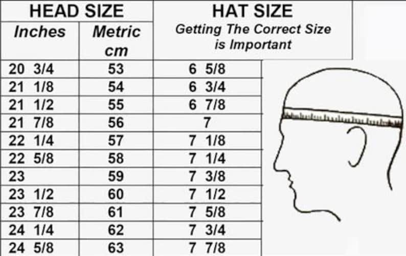 May include: A chart detailing hat sizes, with head measurements in inches and centimeters. The chart includes a visual guide of how to measure head size, with the text "Getting The Correct Size is Important".