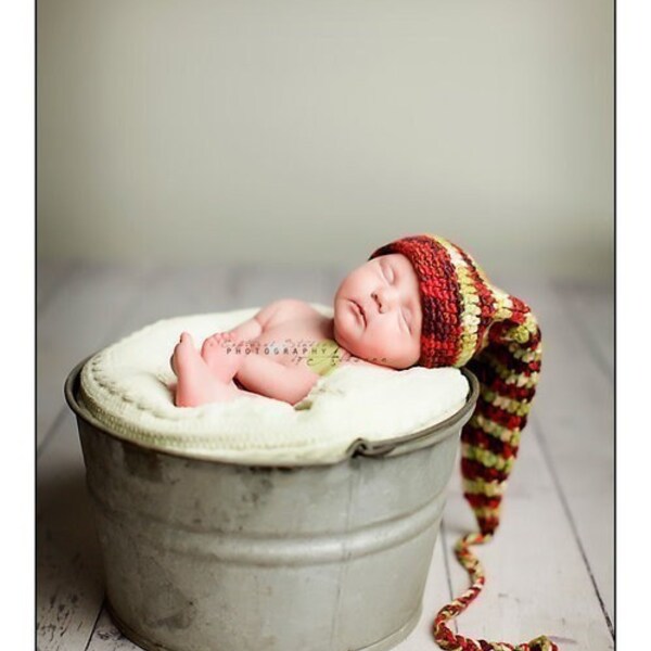 Funky Organic Red and Green Elf Stocking Hat with Long Tail and Tassle - Newborn Christmas Baby Photo Prop