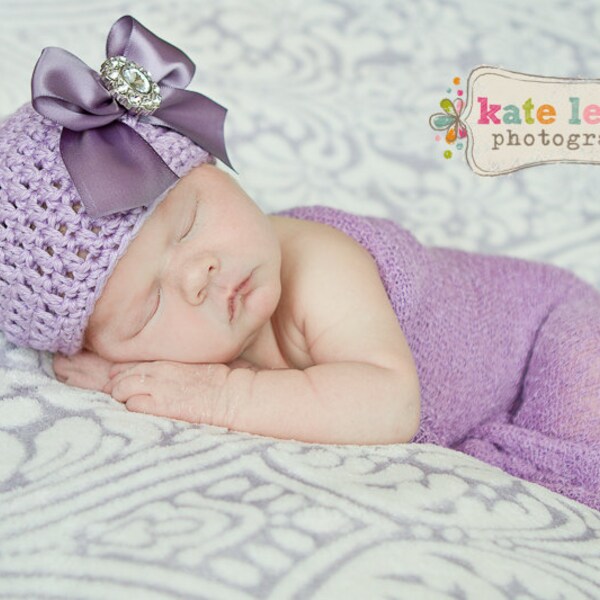 Organic Cotton Beanie Hat - Lavender Purple Hat with Satin Bow and Rhinestone - Fancy Newborn Photo Prop