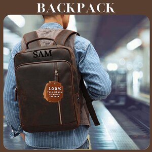 Mochila de cuero para computadora portátil, mochila de hombro personalizada para la oficina, mochila para hombres, mochila de viaje de cuero de grano completo, cartera, regalo para él y para ella