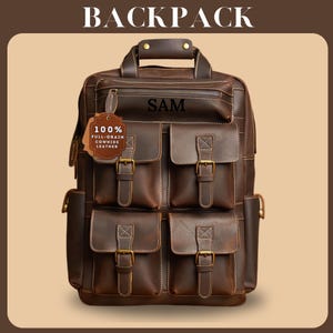 Mochila de cuero para computadora portátil, mochila de hombro personalizada para la oficina, mochila para hombres, mochila de viaje de cuero de grano completo, cartera, regalo para él y para ella