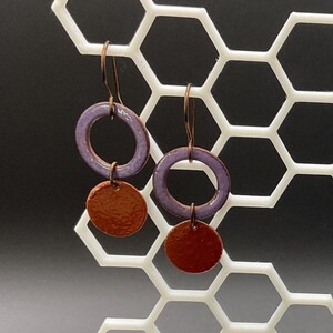 Purple and Copper Enameled Earrings – Handmade Geometric Dangle Earrings with Hypoallergenic Niobium Ear Wires