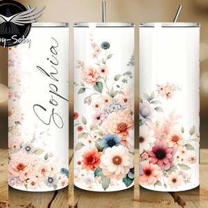 Floral Tumbler Wrap PNG | Add a Custom Name | 20 oz Skinny Tumbler Sublimation Design, Instant Digital Download, Elegant, Soft-Tone Template