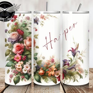 Floral Tumbler Wrap PNG | Add a Custom Name | 20 oz Skinny Tumbler Sublimation Design, Instant Digital Download, Elegant, Soft-Tone Template
