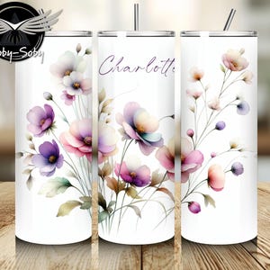 Floral Tumbler Wrap PNG | Add a Custom Name | 20 oz Skinny Tumbler Sublimation Design, Instant Digital Download, Elegant, Soft-Tone Template
