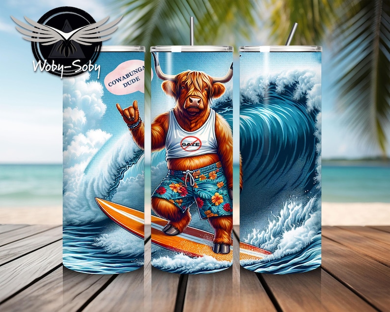 Surfer Highland Cow Tumbler Sublimation Design, 20 Oz Skinny Tumbler ...