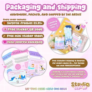 Flat lay image showing the contents of a typical order, including the alien sticker flakes pillow box, thank-you card, branded insert, and small printed materials. The items are arranged neatly on a pastel pink background with decorative accents. The presentation emphasizes small business packaging, careful assembly, and the gift-ready format of the sticker set.