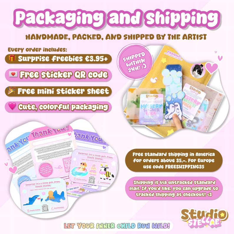Flat lay image showing the contents of a typical order, including the alien sticker flakes pillow box, thank-you card, branded insert, and small printed materials. The items are arranged neatly on a pastel pink background with decorative accents. The presentation emphasizes small business packaging, careful assembly, and the gift-ready format of the sticker set.