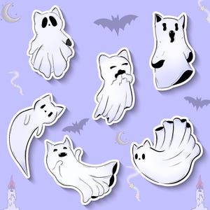 Juego de pegatinas de gatito fantasma / Lindas pegatinas góticas pastel / Gatos espeluznantes sobrenaturales / Decoración de gato fantasma de Kawaii Dark Academia para cualquier superficie