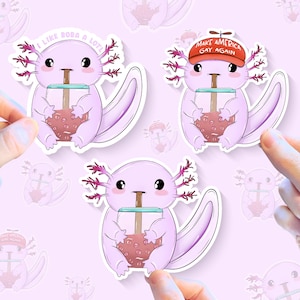 Pegatina de Axolotl Boba / Calcomanía de té de burbujas de fresa a prueba de agua / Linda calcomanía de vinilo con orgullo LGBTQ+ para botellas de agua, computadoras portátiles, automóviles y diarios