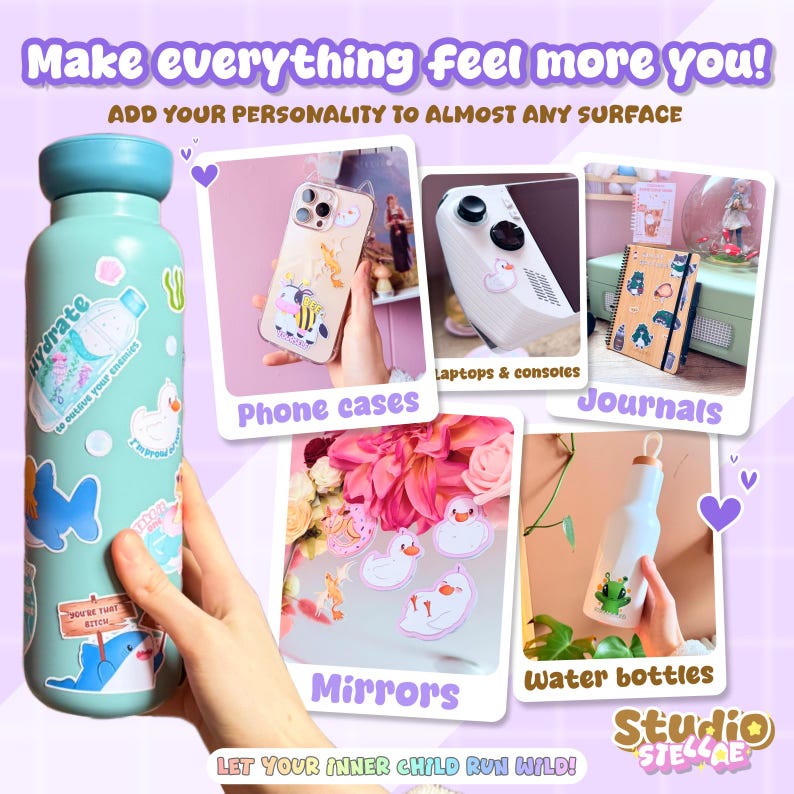 Flat lay graphic explaining sticker qualities such as matte lamination and durability, shown with example placements on a phone case, mirror, laptop, and water bottle. The alien sticker flakes appear adhered to different surfaces to demonstrate versatility. Text overlays describe water resistance and scratch resistance while maintaining the pastel, colorful Studio Stellae aesthetic.