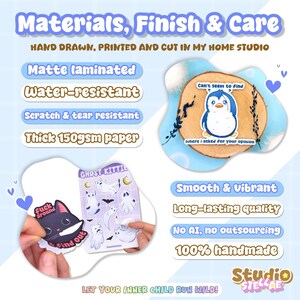 Infographic titled “everything about my stickers” on a pastel pink background, showing close-up product photos and labeled feature callouts. A circular photo displays sticker flakes with a smooth matte laminated surface, with nearby text describing the finish and durability (water-resistant and scratch-resistant). Additional small images show the sticker paper, lamination layer, and cut edges, plus a hand peeling a sticker to demonstrate thickness and flexibility.