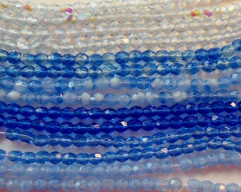 4 mm Czech Fire Polish Beads- 7 strands- 350 pieces- Sapphire Blue & Milk Glass- Fire Polished Beads- Faceted Glass Beads- Blue Bead Destash