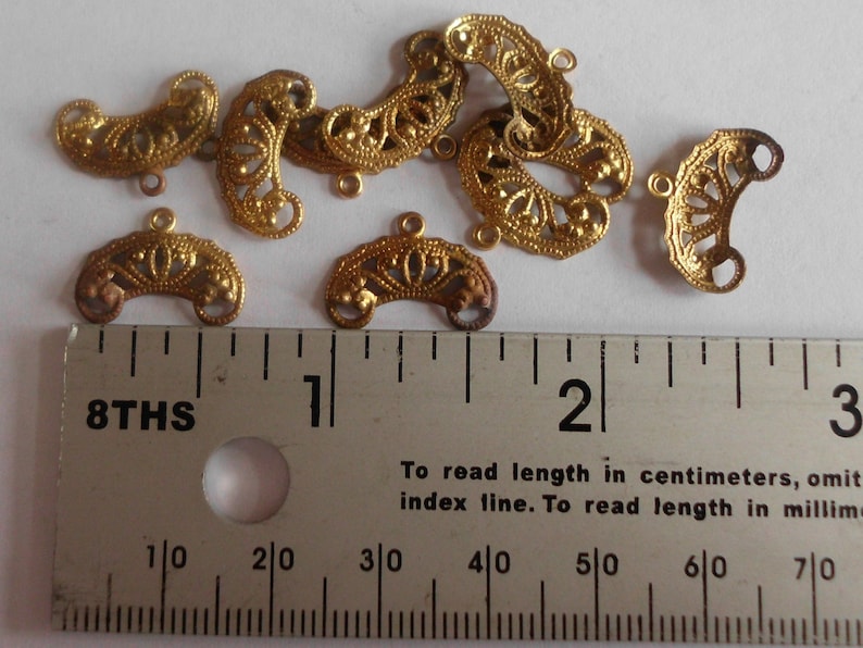 Gold Plated Brass Rustic Distressed Jewelry Components Vintage Jewelry Findings Filigree Vintage Charms Set of 10 Patina