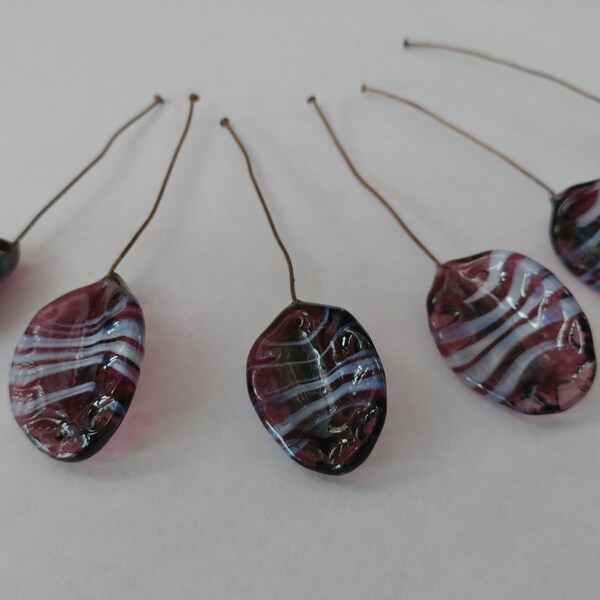 Vintage Glass Headpins-  Venetian Glass Headpins- Purple Leaves- Set of 6
