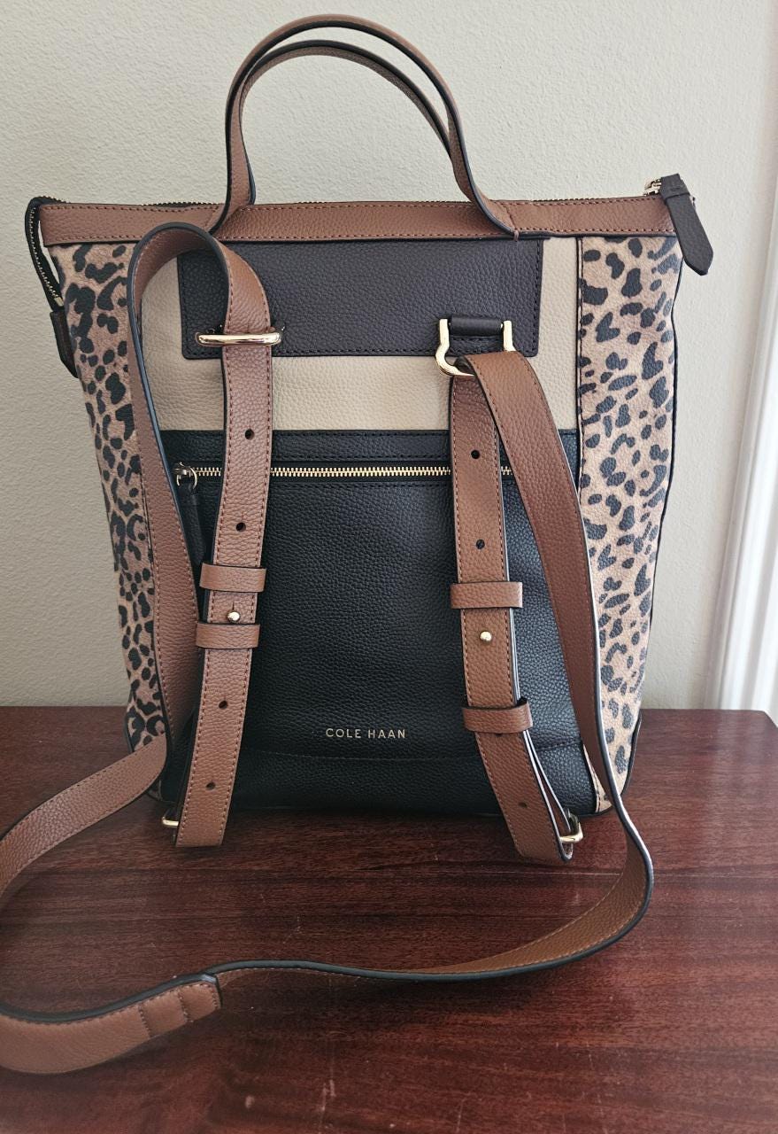 Leopard Black & Brown Print, Black Leather Cole Haan Luxe 