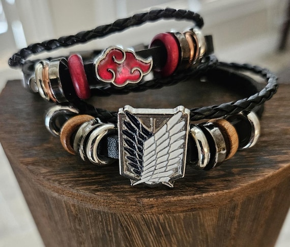 Anime Inspired Vintage Leather Bracelet Featuring Naruto Akatsuki Red Cloud or Attack on Titan