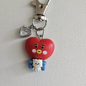BT21 Charm Clip featuring Cooky, Chimmy, RJ, Koya, Mang, Tata Each With Mini BT21 Friend, Crystal Heart on Swivel Clasp