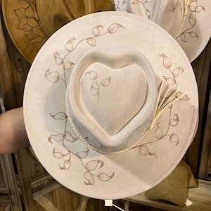 Custom Heart Shaped Hand Burned Wide Brim Fedora Cowboy Hat