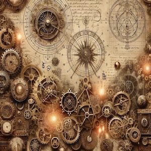 May include: A vintage steampunk-inspired design featuring intricate gears, clockwork, and a compass on a parchment background with handwritten notes and diagrams.