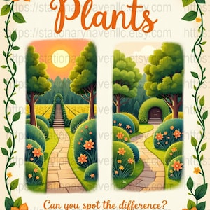 May include: A digital art print with the word "Plants" in orange script. The image features two garden scenes with a path, trees, and flowers. The border has orange flowers and green vines. Text at the bottom reads "Can you spot the difference?"