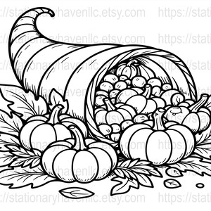May include: Black and white line art illustration of a cornucopia overflowing with pumpkins and gourds, surrounded by leaves. A classic harvest or Thanksgiving theme.