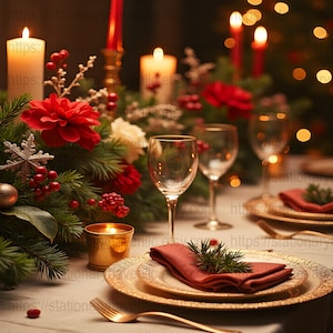 May include: A festive table setting with lit candles, red flowers, and greenery. Gold-rimmed plates with red napkins and wine glasses are arranged for a holiday meal. A gold fork and candle holder add to the elegant ambiance.