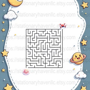 May include: A whimsical maze puzzle with a red drone, surrounded by cartoon illustrations of a crescent moon, stars, planets, and clouds. The border has the text "stationaryhavenllc.etsy.com".