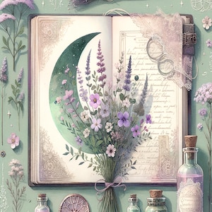 May include: An open book with a crescent moon illustration and a bouquet of purple and white flowers. A small broom, bottles of potion, and decorative elements surround the book. The color palette is soft, with shades of green, purple, and white.