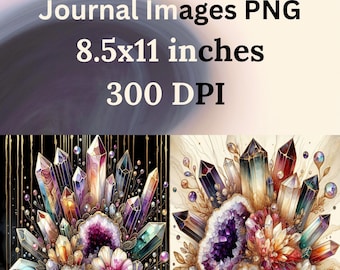 May include: Bundle of 40 printable crystal junk journal images in PNG format. The images are 8.5x11 inches and 300 DPI. The images feature colorful crystal clusters with floral accents.