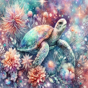May include: Watercolor painting of a sea turtle surrounded by colorful flowers and a starry, galaxy-like background. The turtle has a patterned shell with shades of blue, green, and orange. The flowers are in shades of pink, purple, and orange.