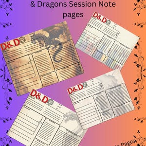May include: Twelve printable Dungeons & Dragons session note pages with a dragon design. The pages are 300 DPI and ready to print.